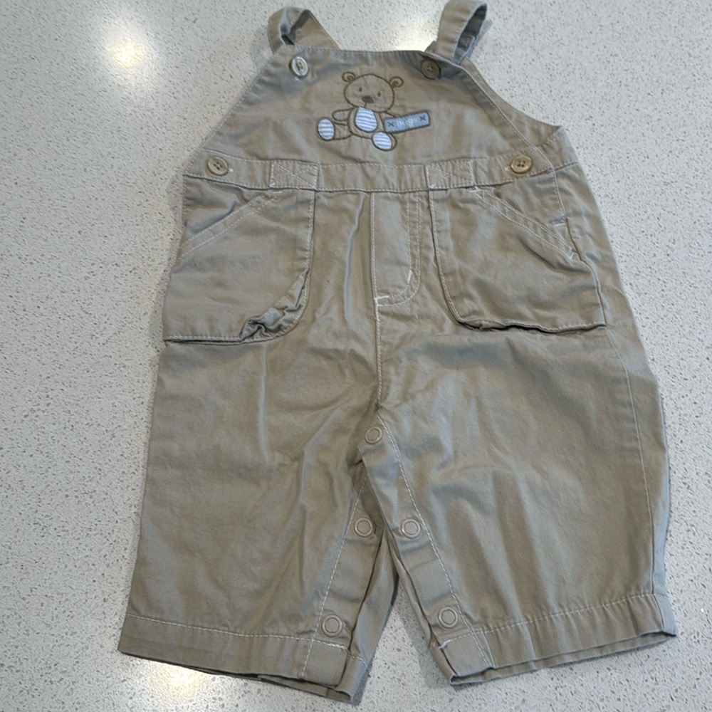 Carter's Tan Overalls with Bear Patch khaki, and baby blue size 3 months